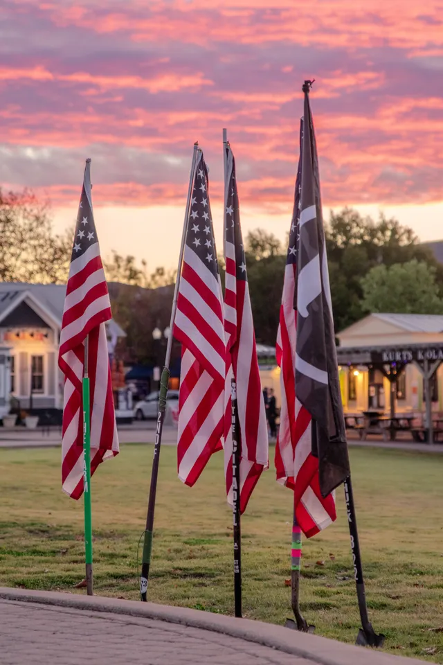 Four American flags and a black flag on poles planted in grass under a pink sunset sky, with lit storefronts behind