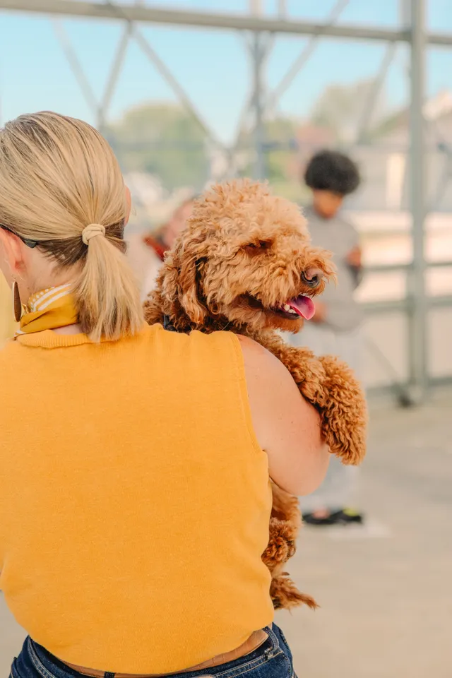 Woman in a mustard-yellow sleeveless top and ponytail holds a curly red-brown doodle dog over her shoulder outdoors.