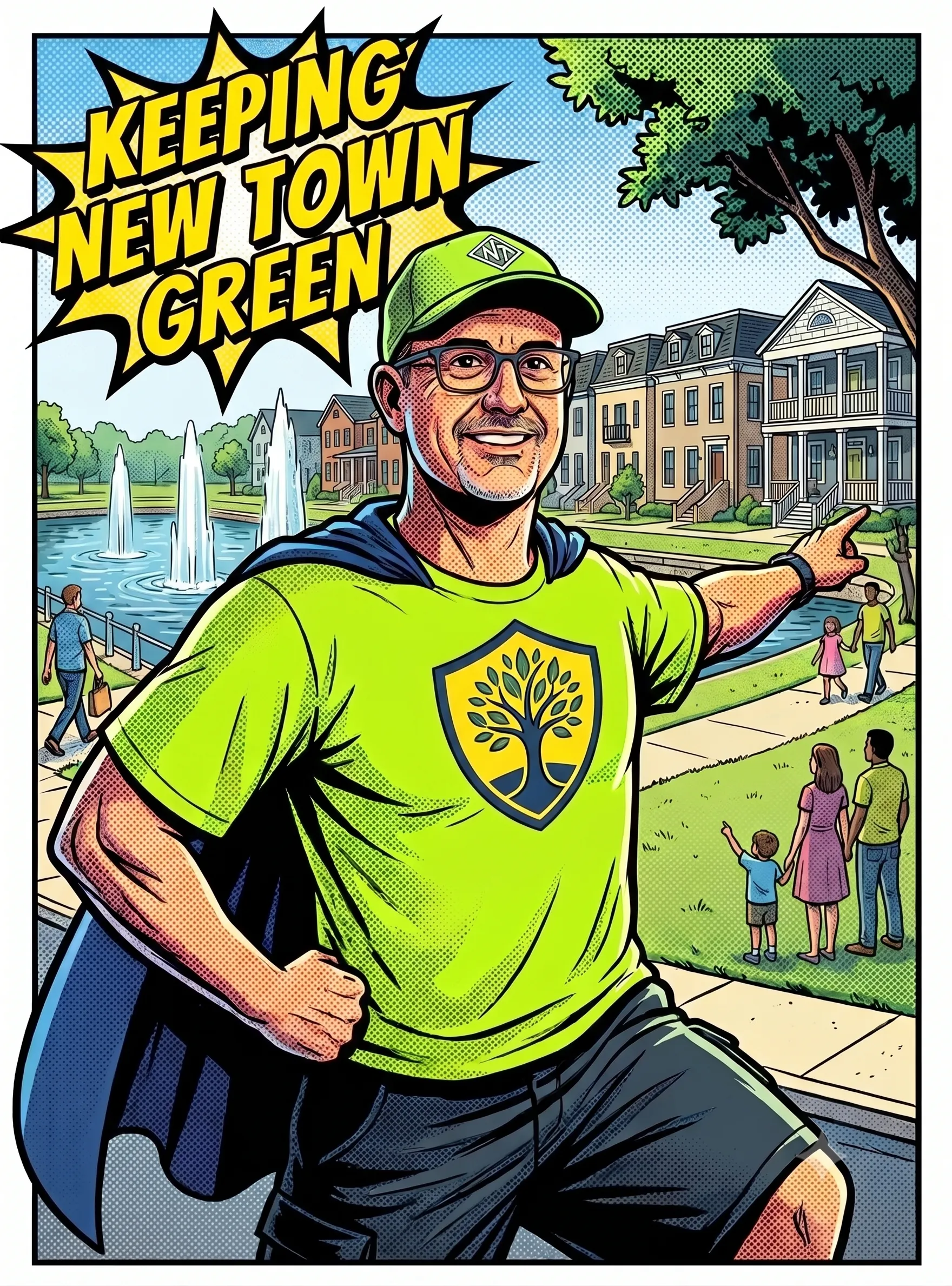 Comic-style illustration of Chris Bateman in a green shirt and cap, pointing toward New Town's homes, fountains, and green spaces under the headline 'Keeping New Town Green'