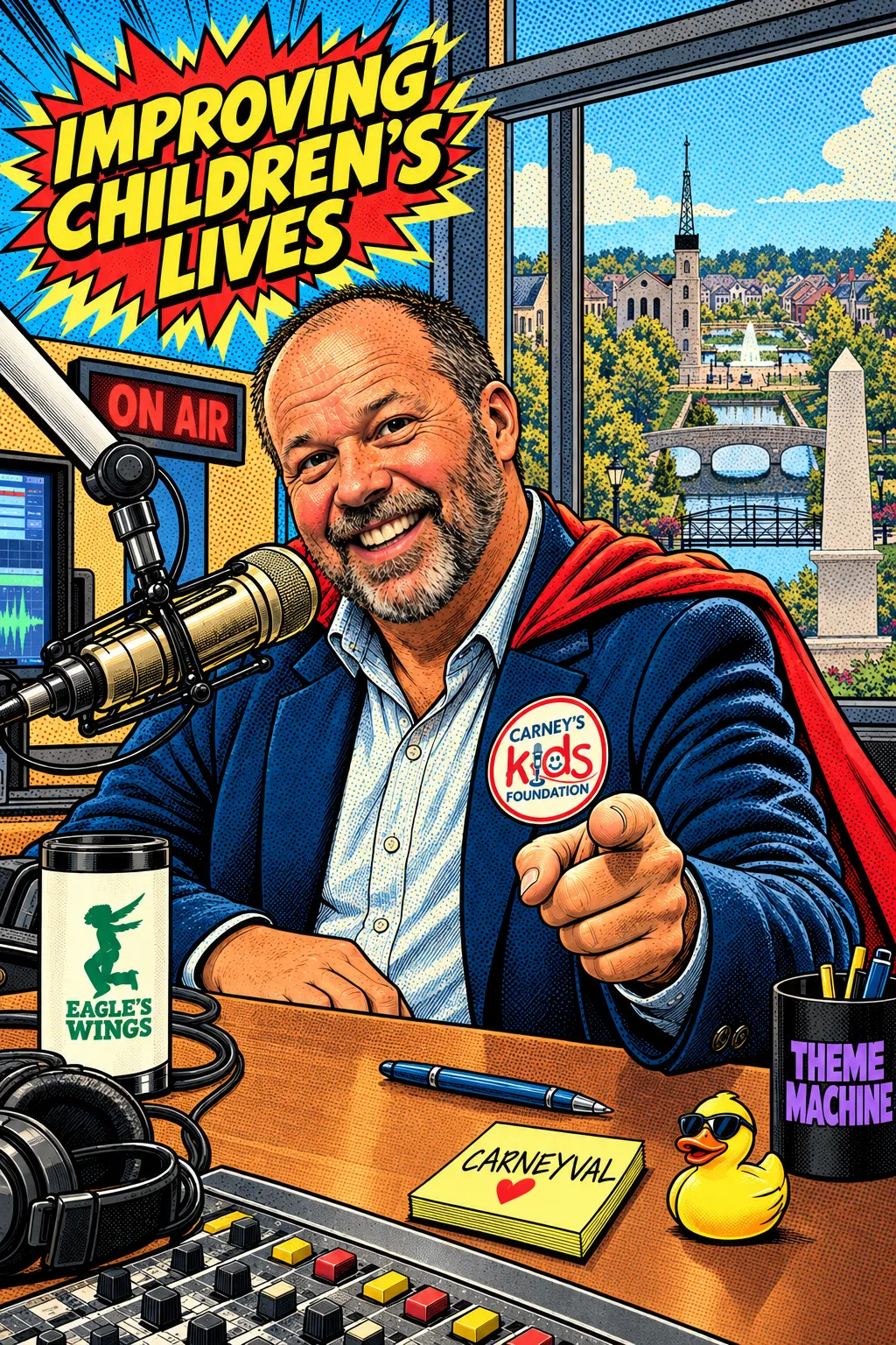 Illustration of radio host John Carney in the studio wearing a Carney's Kids Foundation badge, with New Town in the window behind him