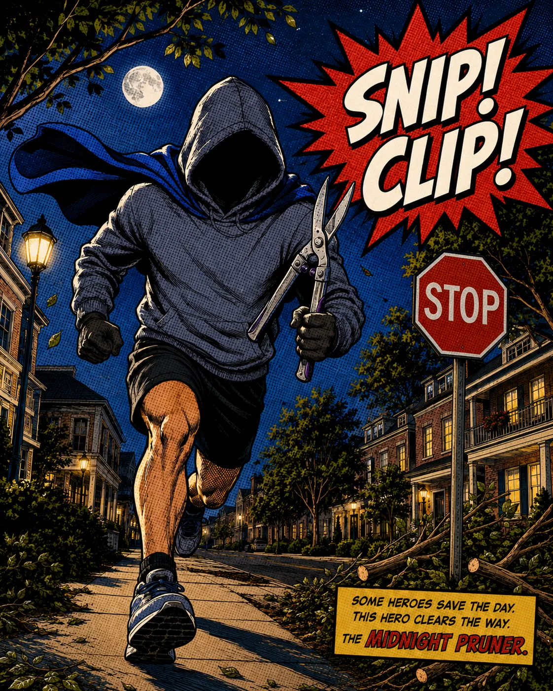 Comic-style illustration of the Midnight Pruner, a hooded figure with pruning shears