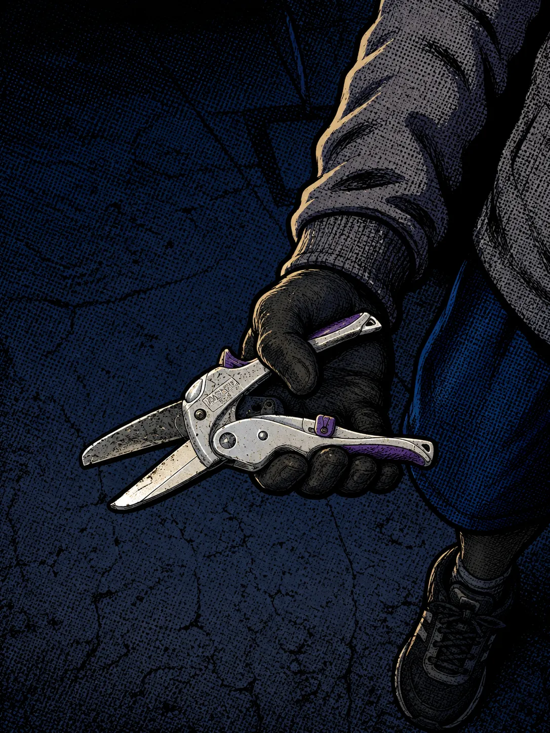 Illustration of a gloved hand holding the Midnight Pruner's original ratcheting pruning shears