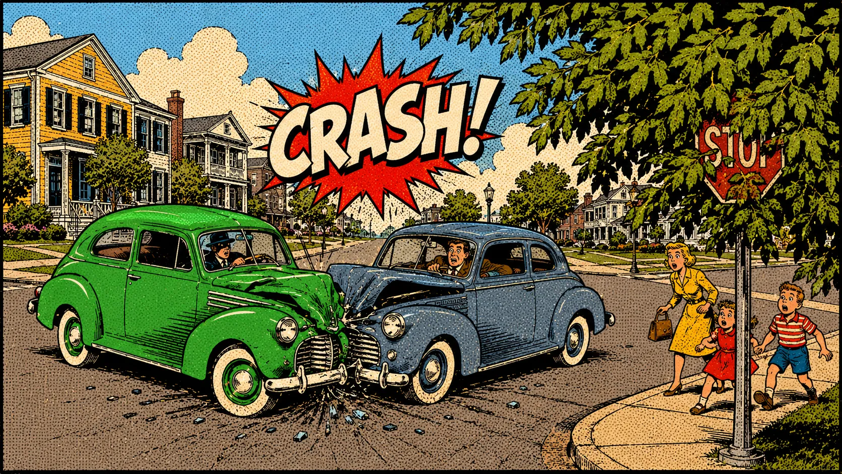 Vintage comic illustration of two cars crashing at an intersection where overgrown branches obscure a stop sign