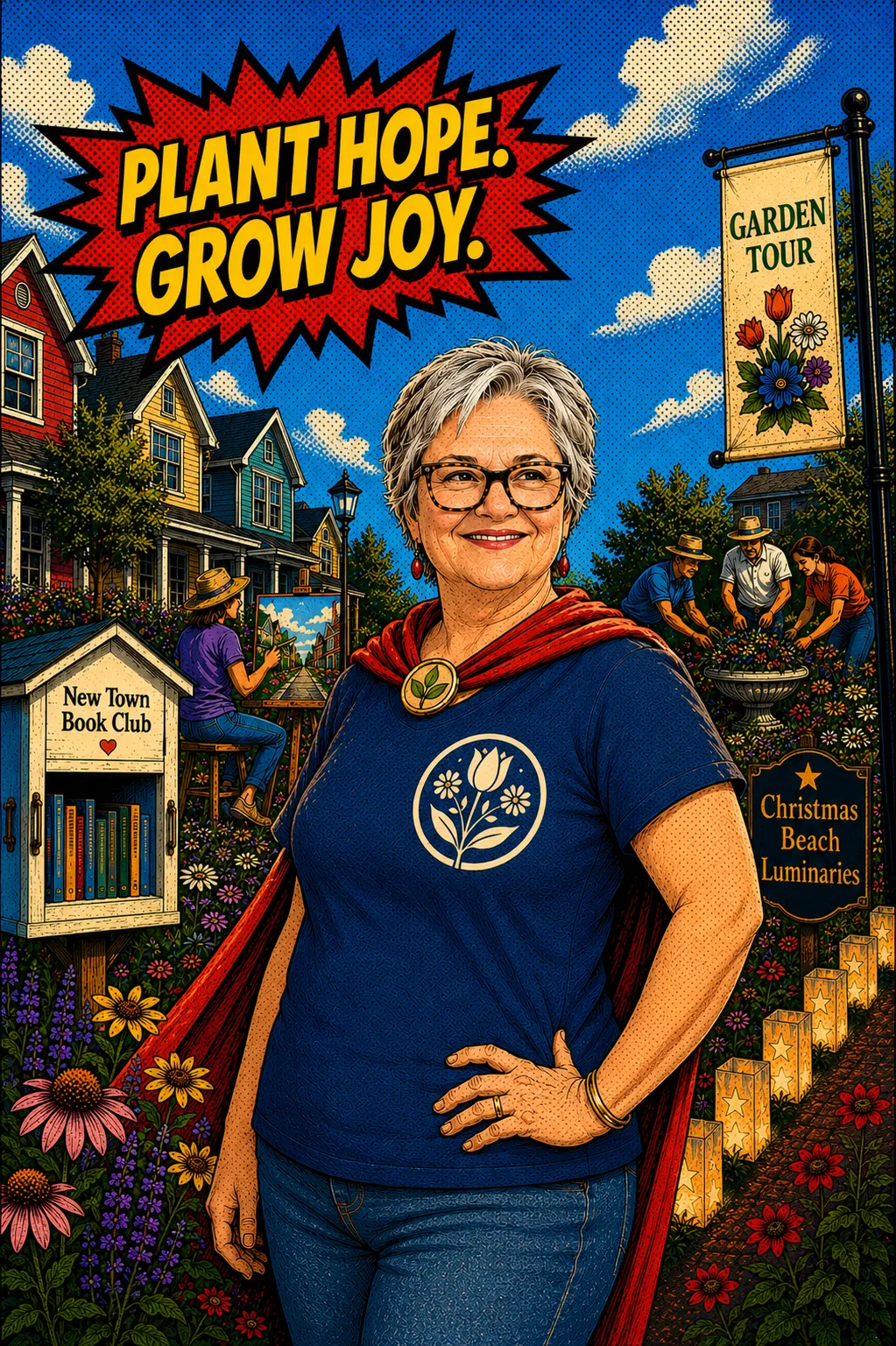 Comic-style illustration of Terri Steffes wearing a cape among New Town gardens, with nods to the Garden Tour, New Town Book Club, and Christmas Beach Luminaries