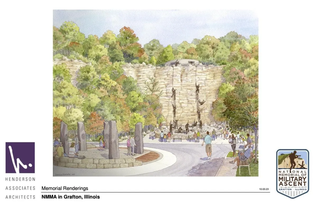 Artist's rendering of the National Memorial of Military Ascent showing bronze Rangers climbing the bluffs