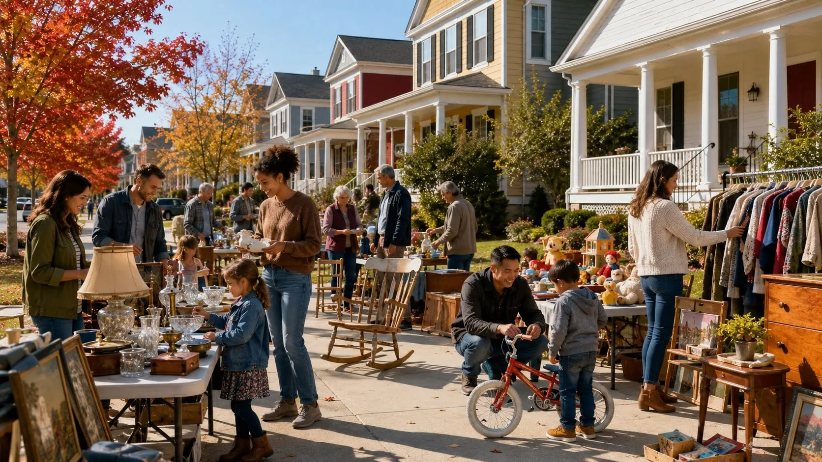 Neighbors browsing furniture, toys and clothing at a fall garage sale along a New Town street