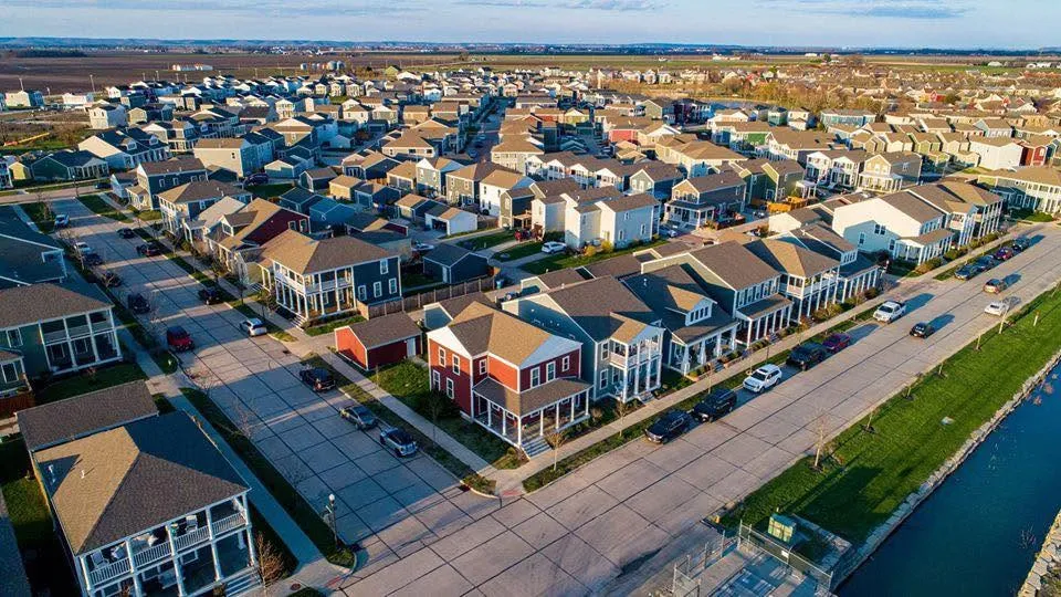 Aerial view of homes and streets throughout the New Town neighborhood in NTx