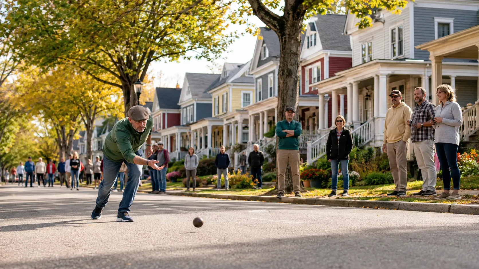 A bowler releases a metal ball down a tree-lined New Town street as neighbors watch from the sidewalk