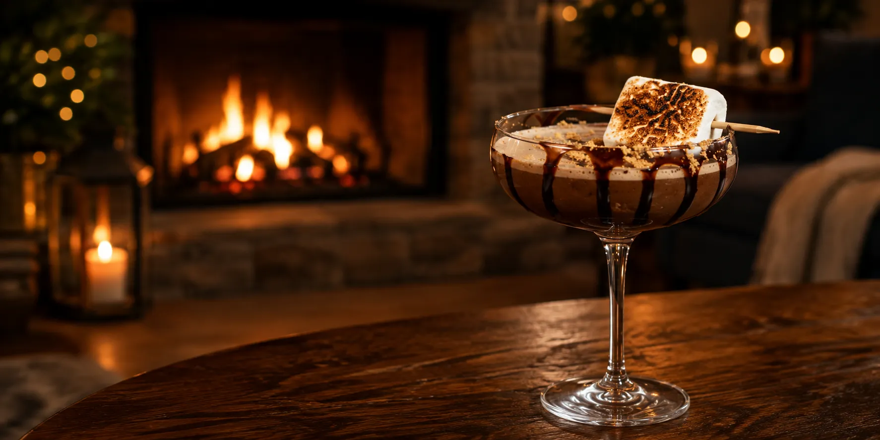 S'mores Martini with a toasted marshmallow garnish in front of a fireplace