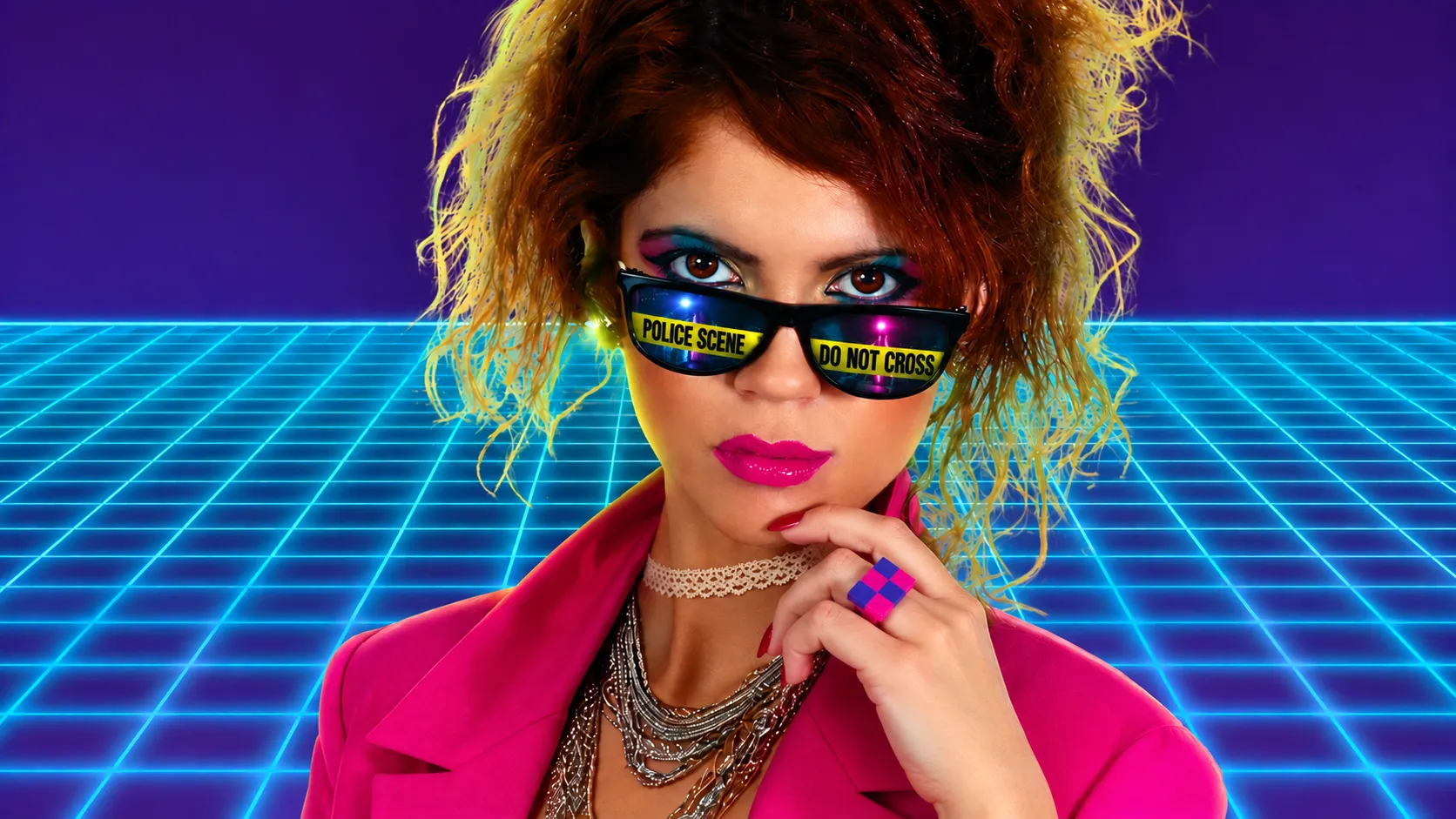 Woman in '80s rocker attire with police-tape sunglasses against a neon grid backdrop