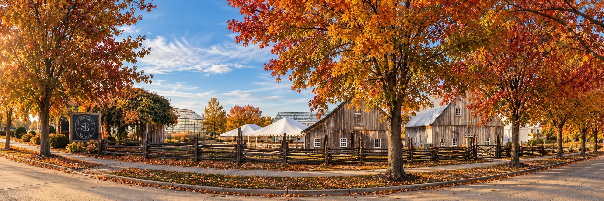 Shire Lane Estate grounds in fall color, with barns, event tents and the entrance sign