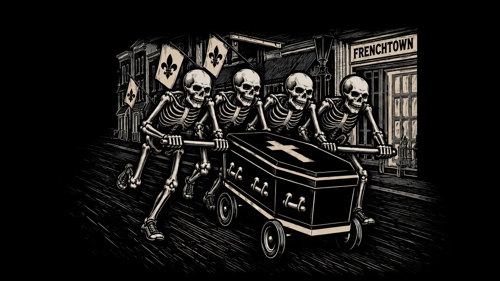 Illustration of skeletons pushing a wheeled coffin down a Frenchtown street lined with fleur-de-lis flags