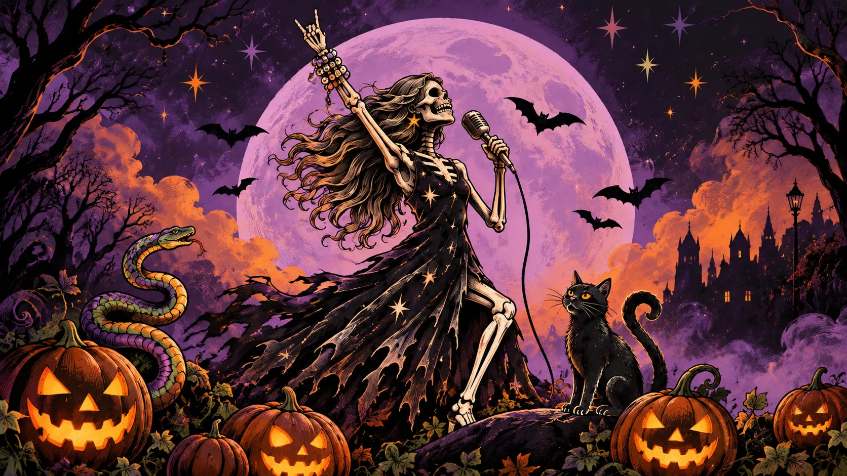 Halloween artwork of a skeleton singer with a microphone under a full moon, surrounded by jack-o'-lanterns and a black cat
