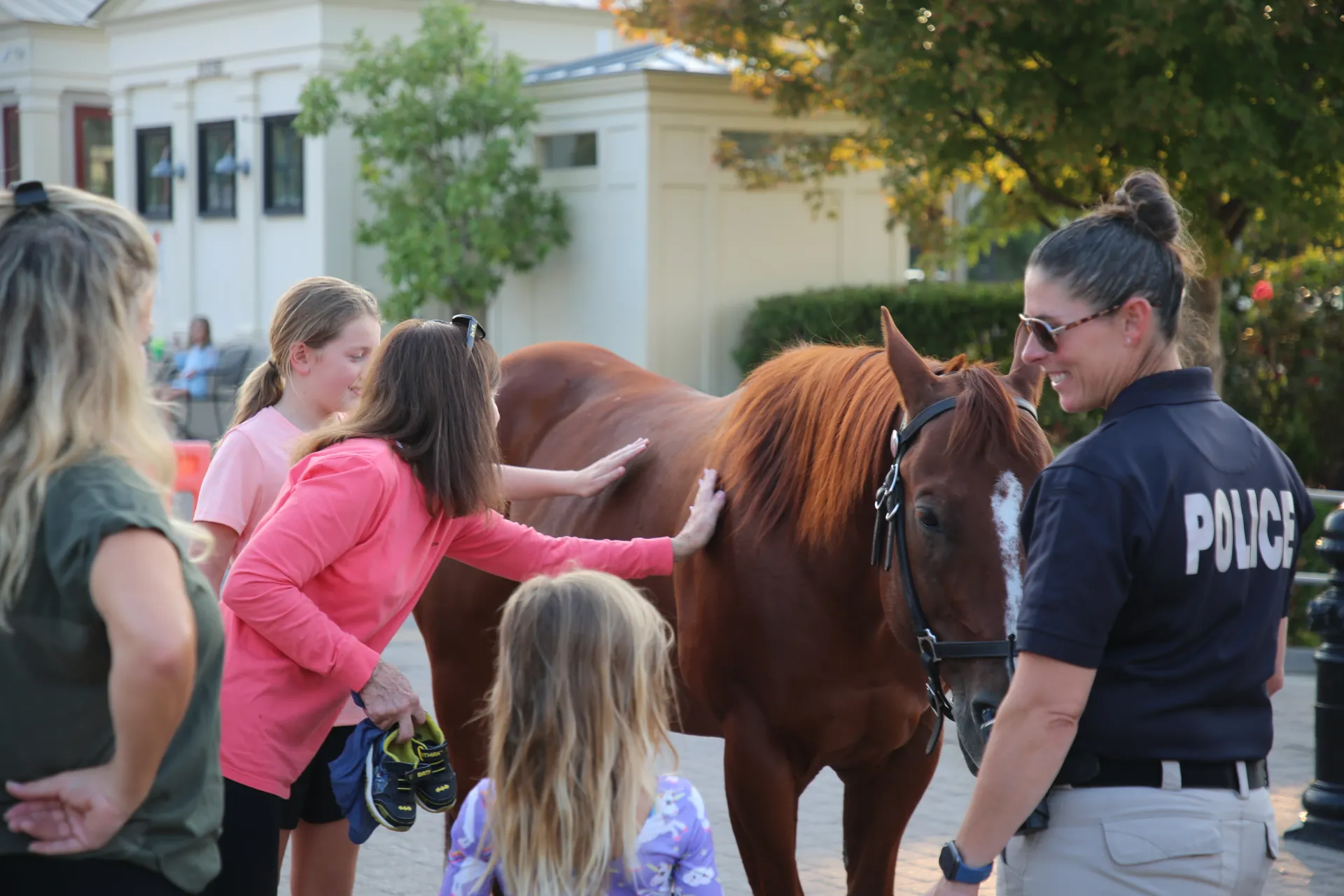Families petting a St. Charles City Mounted Patrol horse alongside a police officer