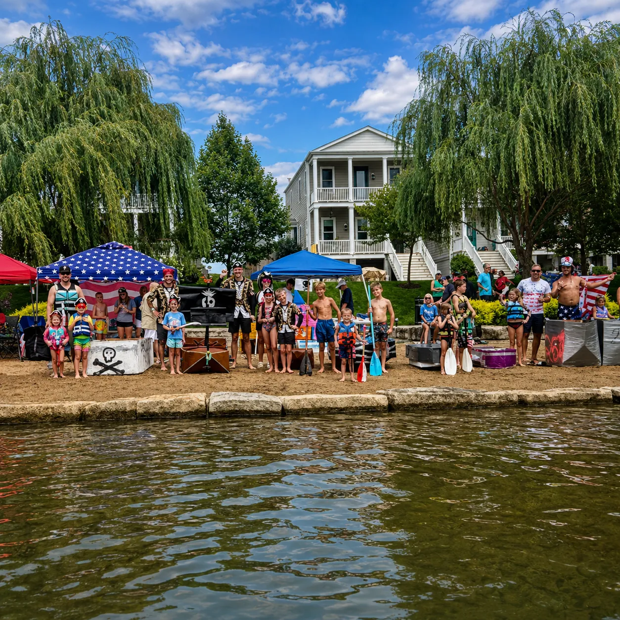 Racers line the lakeside beach with their cardboard boats before the race in New Town at St. Charles
