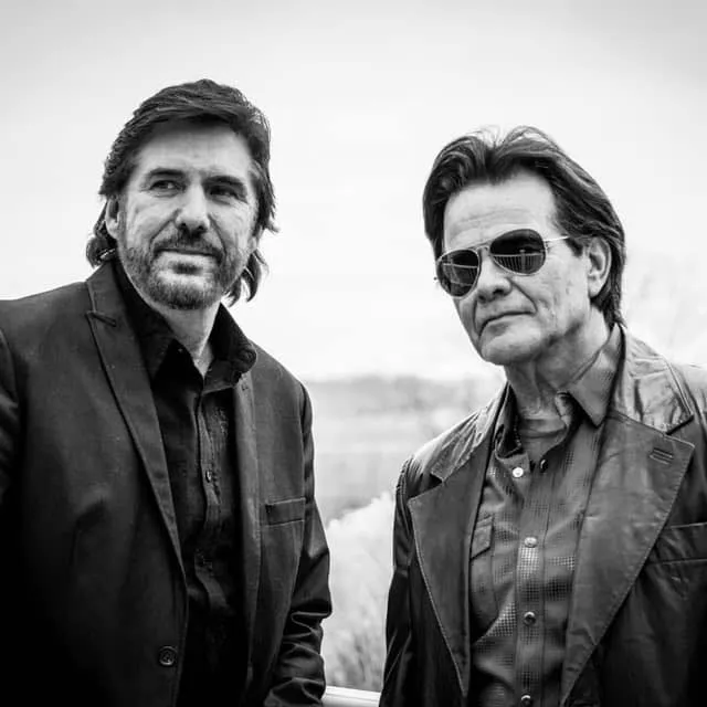 Black-and-white portrait of musicians Ed Callison and Darren Hank