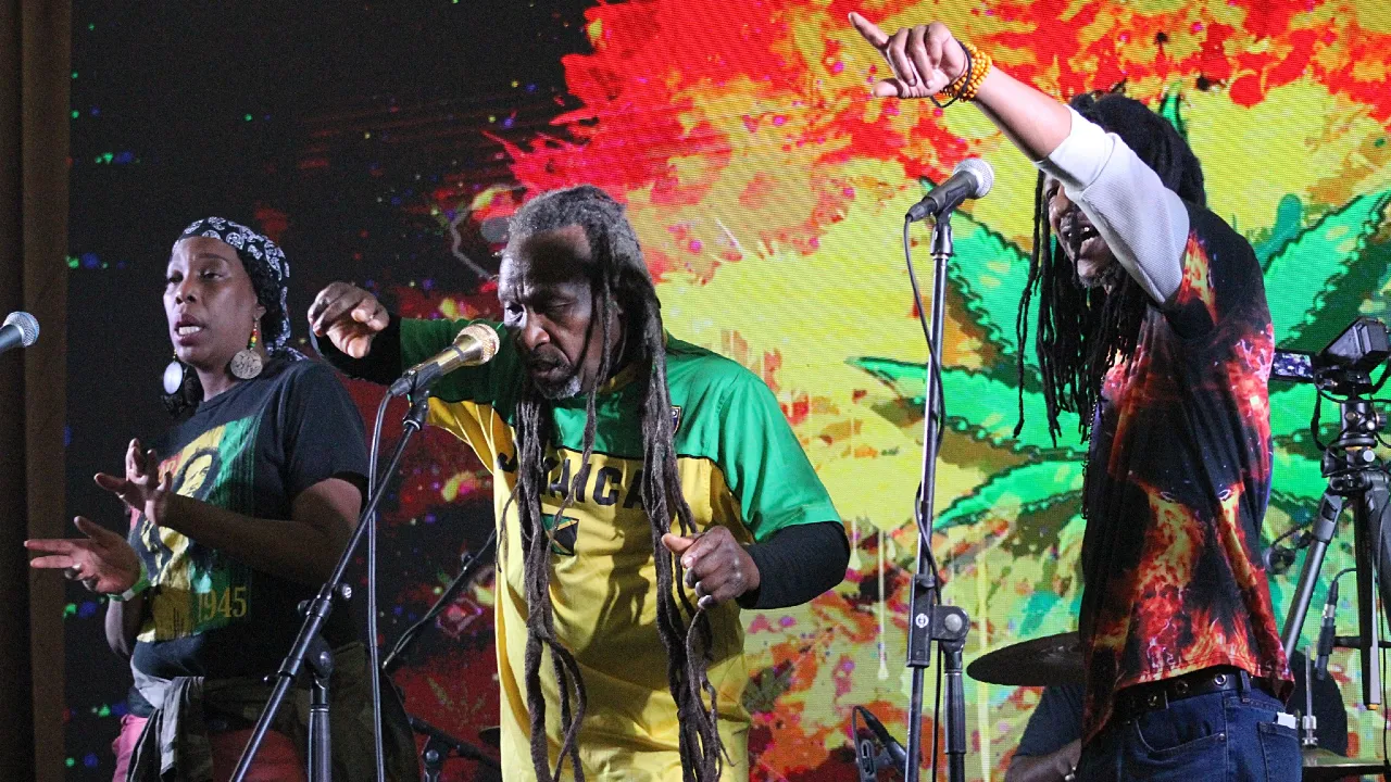 Non-Stop Reggae vocalists performing live on stage against a colorful backdrop