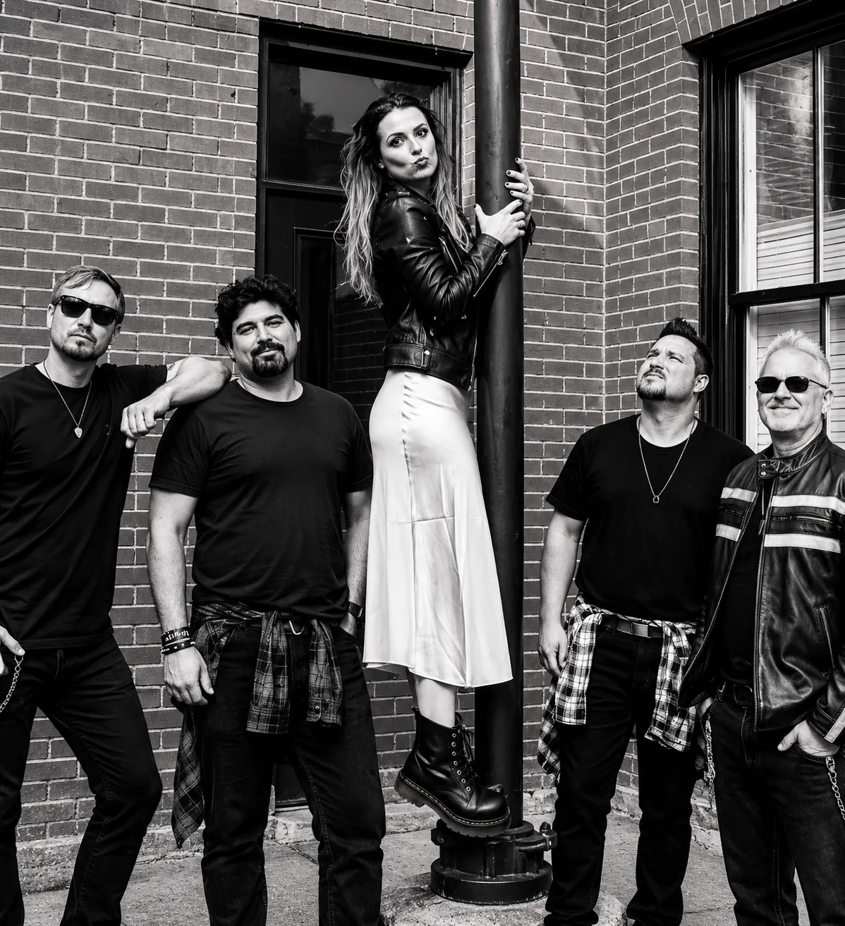 Black-and-white portrait of Polly & the Pocket against a brick wall