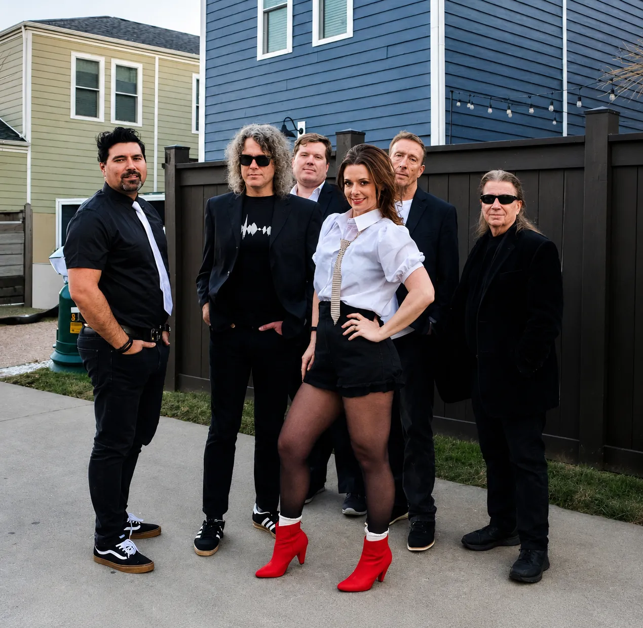 Polly & the Pocket band members posing together outside New Town homes
