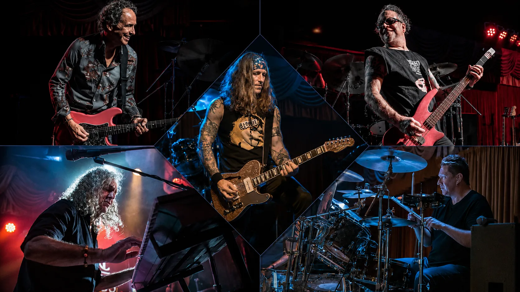 Collage of the five members of Scarecrow Joe performing on guitar, bass, keys, and drums