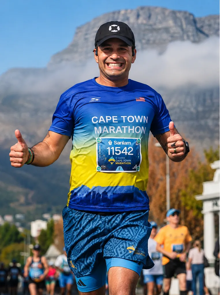Paul Rosell giving two thumbs up while running the Cape Town Marathon